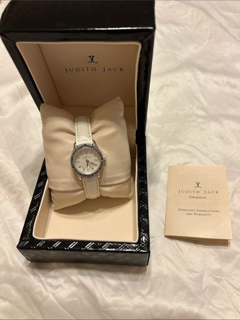 Judith Jack Sterling Silver Crystal Bezel Watch with White Leather Strap